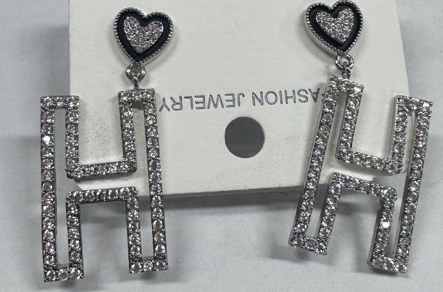 Women Sparkly Crystal Heart Shape and Letter H Earrings in Silver Tone