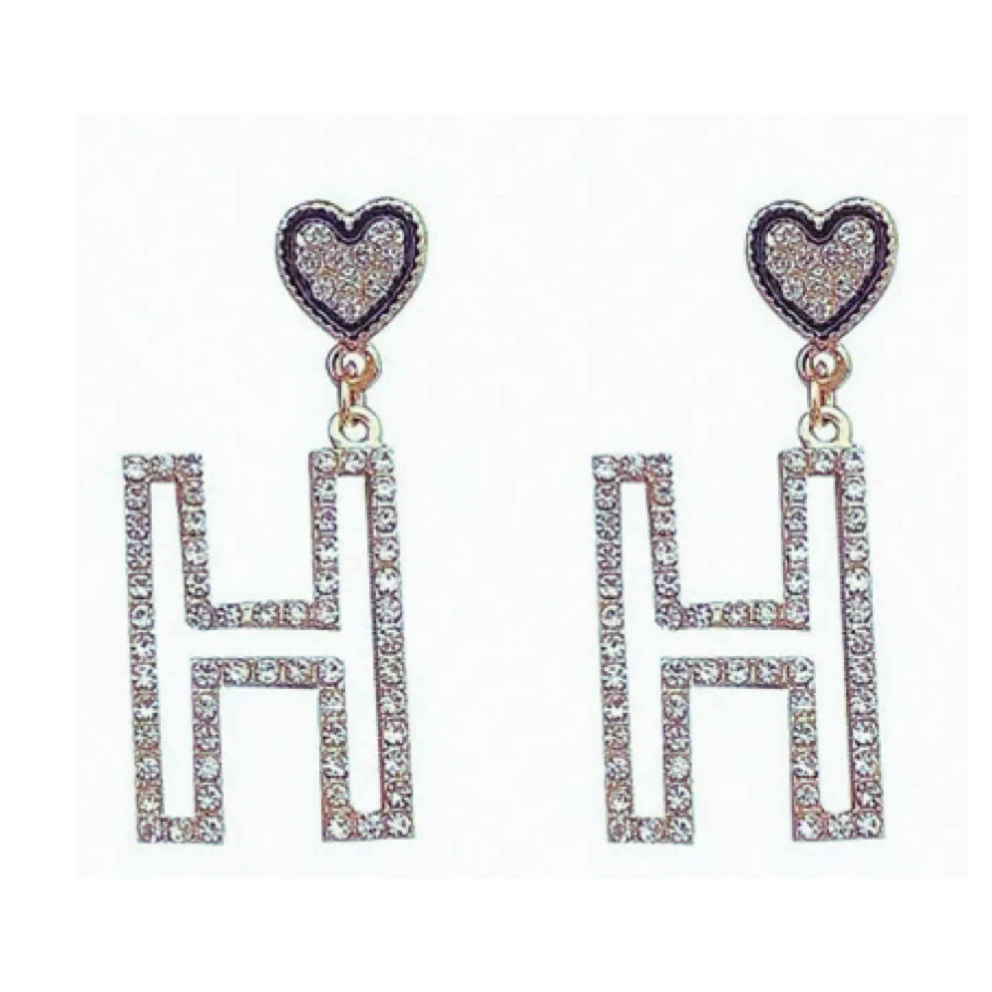 Women Sparkly Crystal Heart Shape and Letter H Earrings in Silver Tone