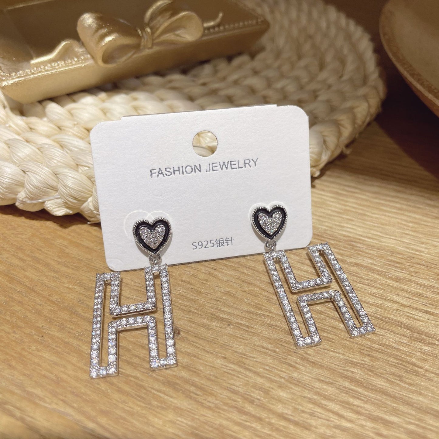 Women Sparkly Crystal Heart Shape and Letter H Earrings in Silver Tone