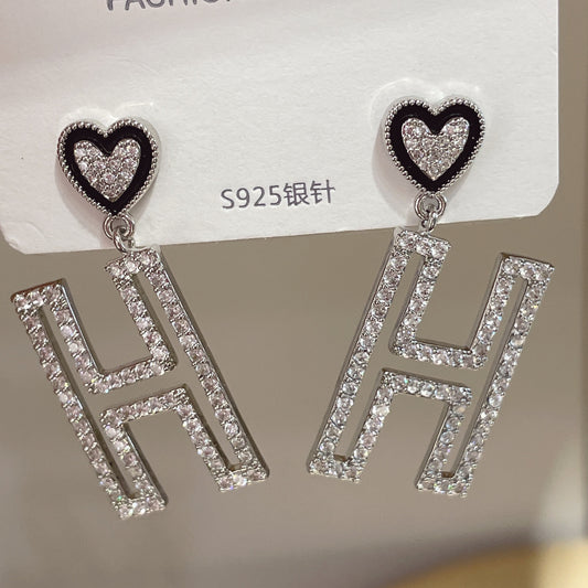 Women Sparkly Crystal Heart Shape and Letter H Earrings in Silver Tone