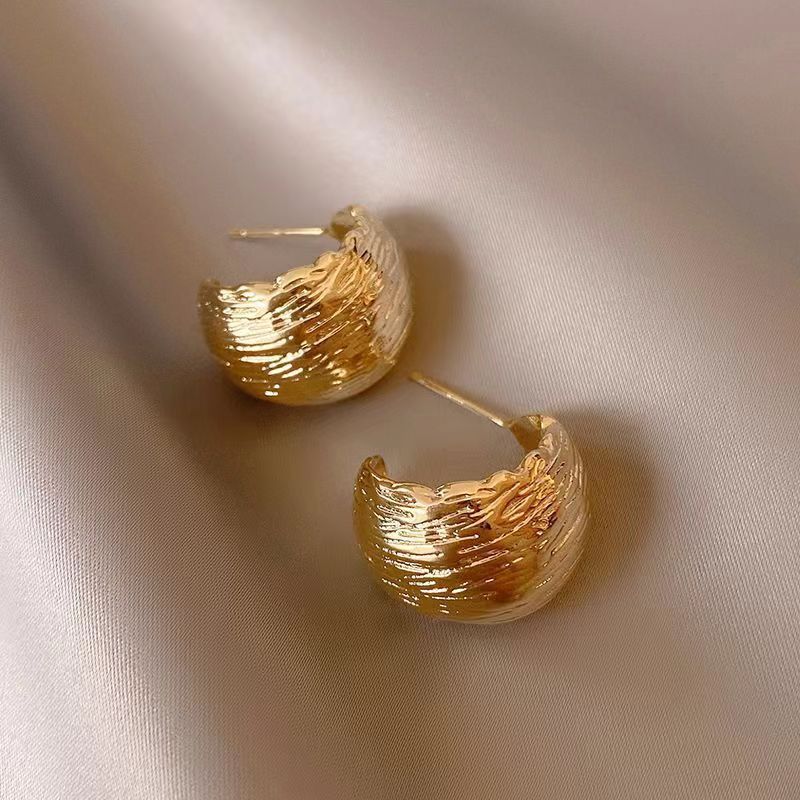 Women Wide Face Semi Arc Gold Tone Earrings