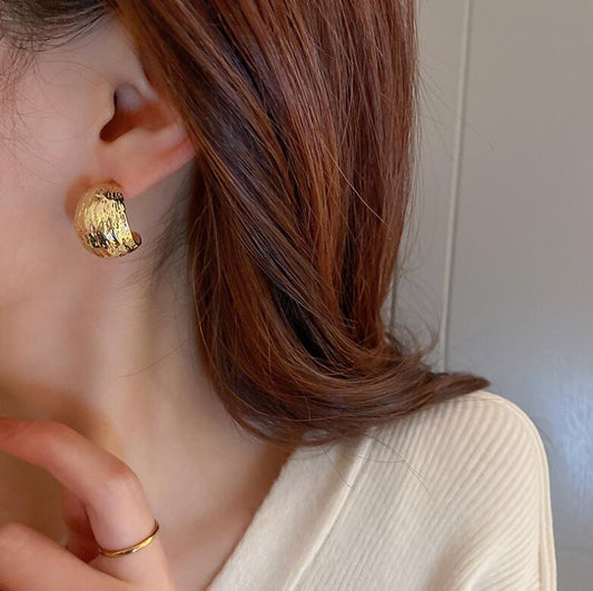 Women Wide Face Semi Arc Gold Tone Earrings