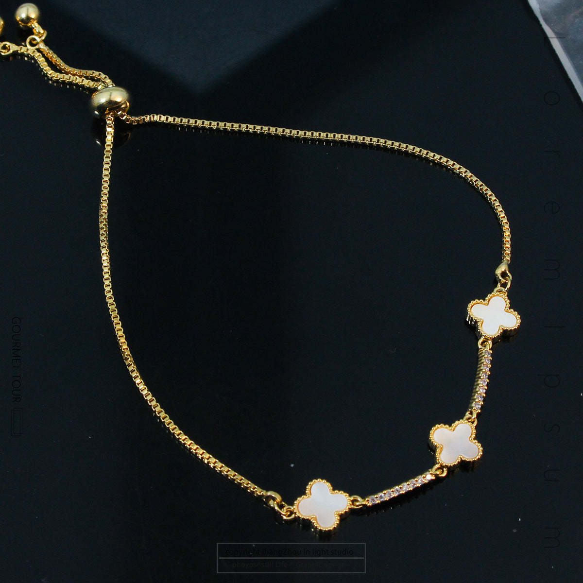 Beautiful Charming Flower Leaf Clover Adjustable Bracelet in Gold Tone