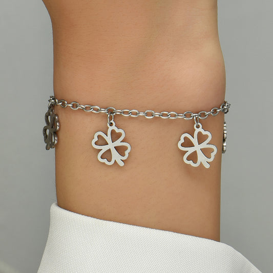 Silver Chain Anklet/Bracelet with Four-leaf Clover Charms
