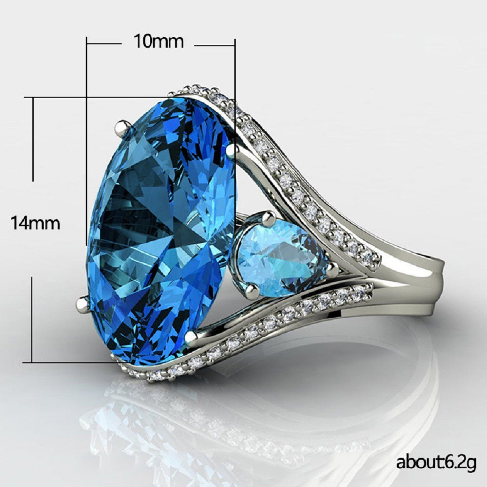 Blue Sapphire Oval Three Stone Zircon Crystal Ring