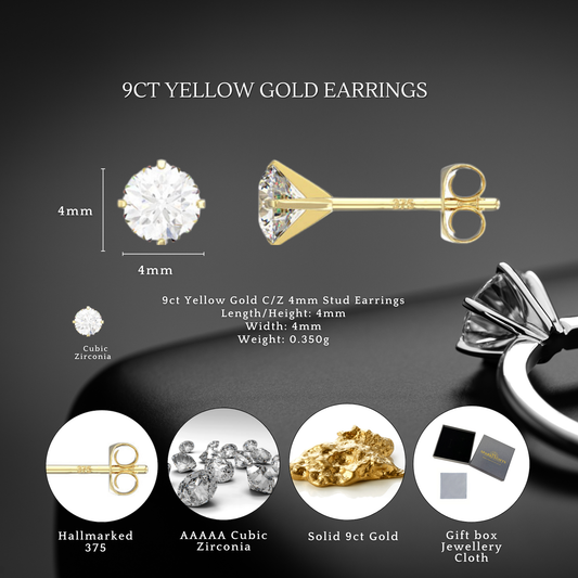 9ct Yellow Gold C/Z 4mm Stud Earrings