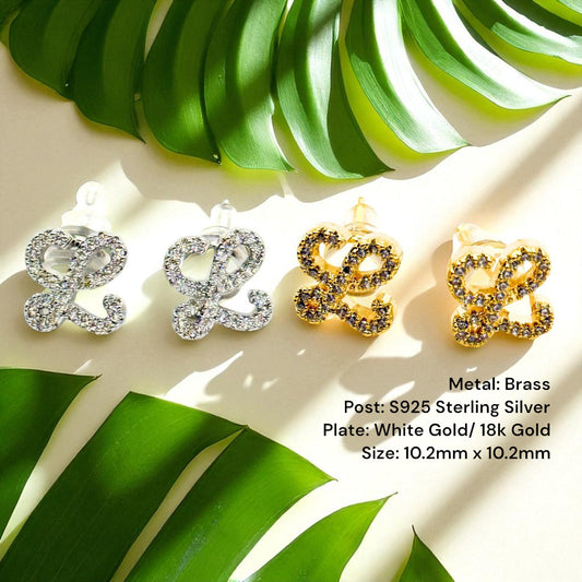 Pave Script L Studs Sterling Silver Earrings