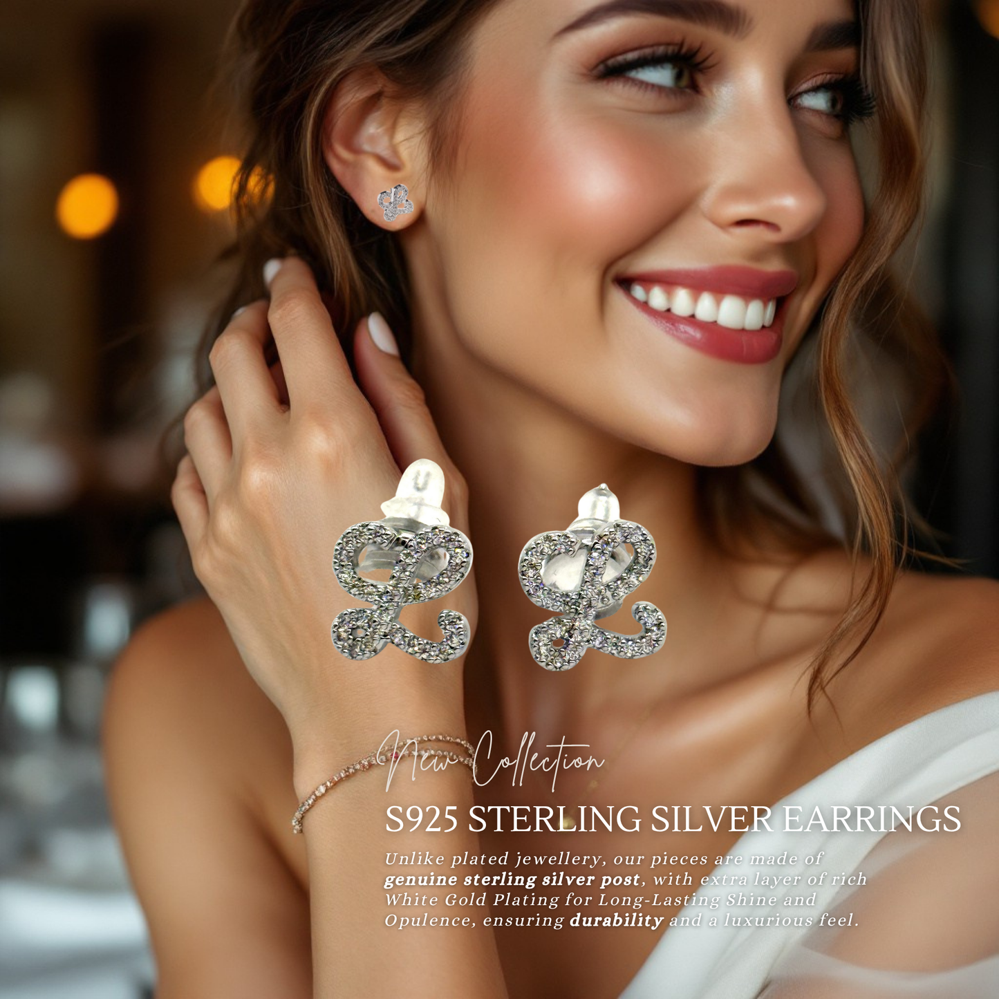 Pave Script L Studs Sterling Silver Earrings