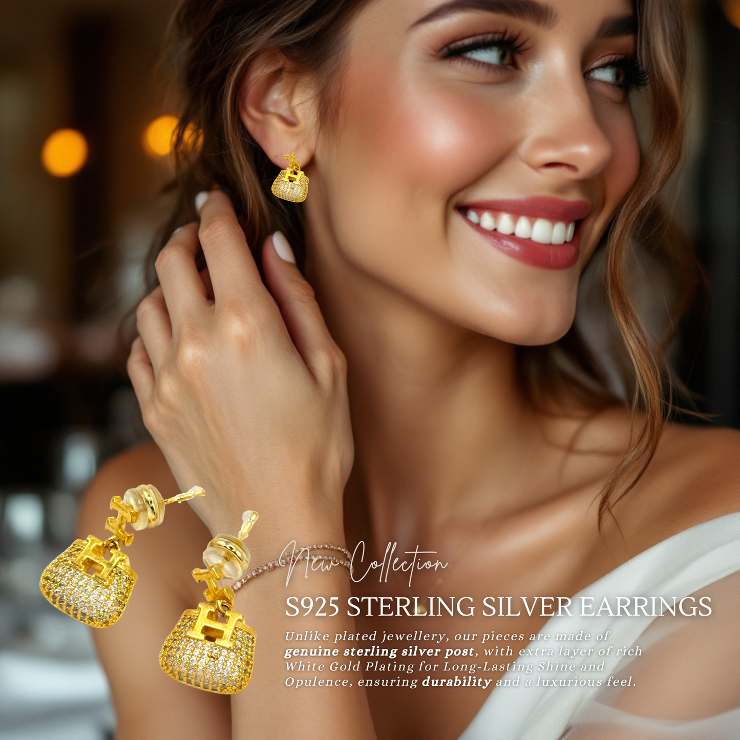 Pave Handbag 18K Gold Plated Sterling Silver Drop Earrings