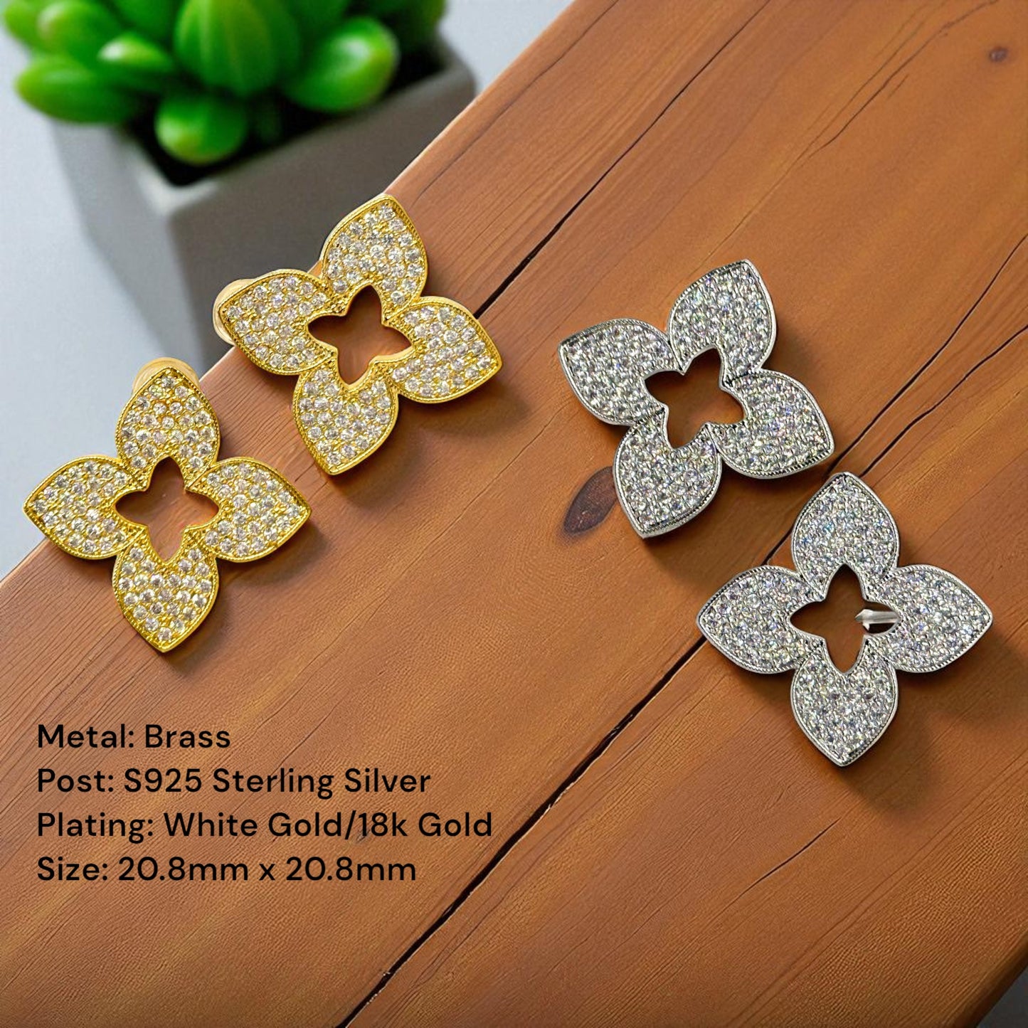Pave Clover Flower Studs Sterling Silver Post Earrings
