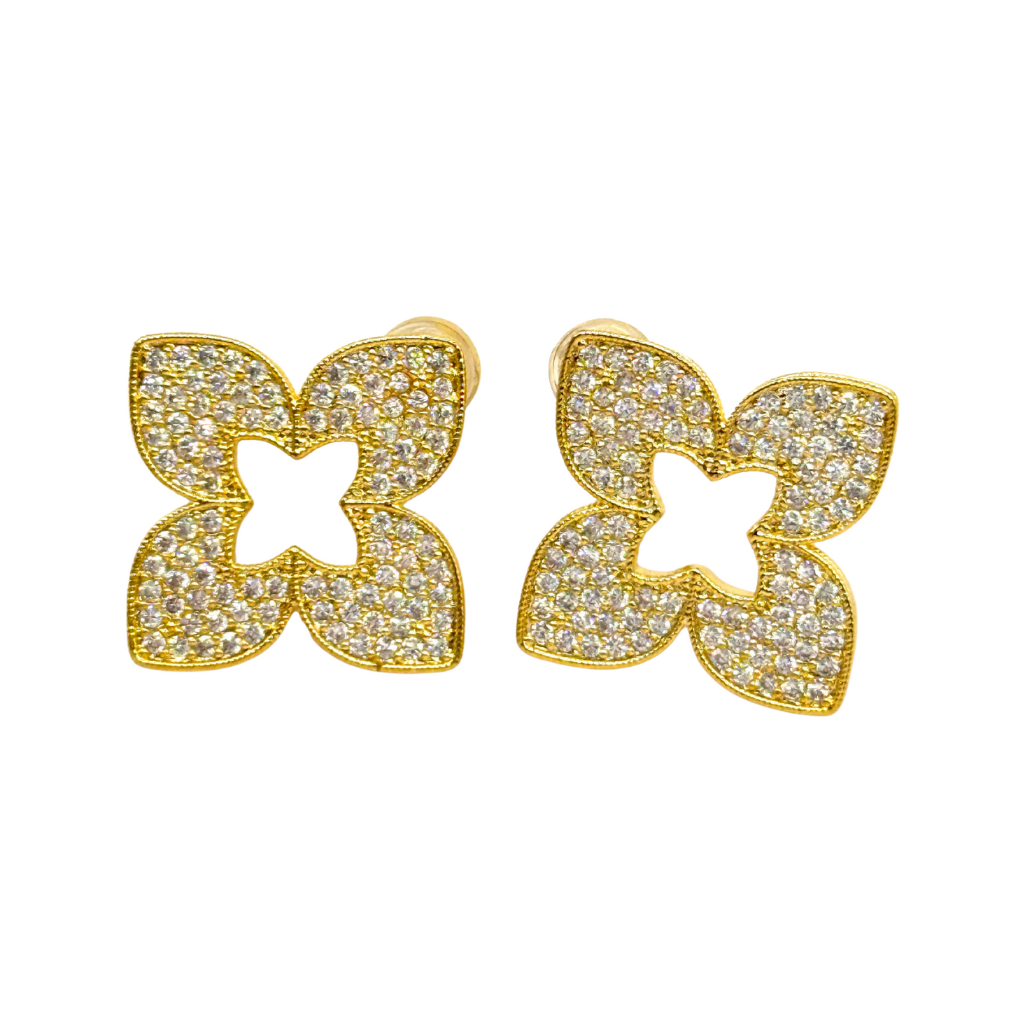 Pave Clover Flower Studs Sterling Silver Post Earrings