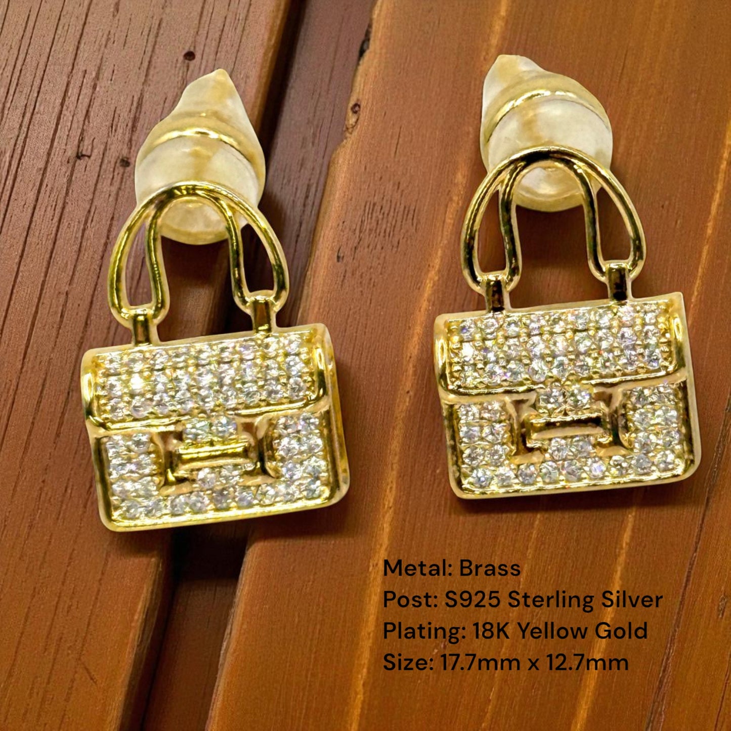 Glittering Mini Hand bag 18K Gold Plated Sterling Silver Post Earrings