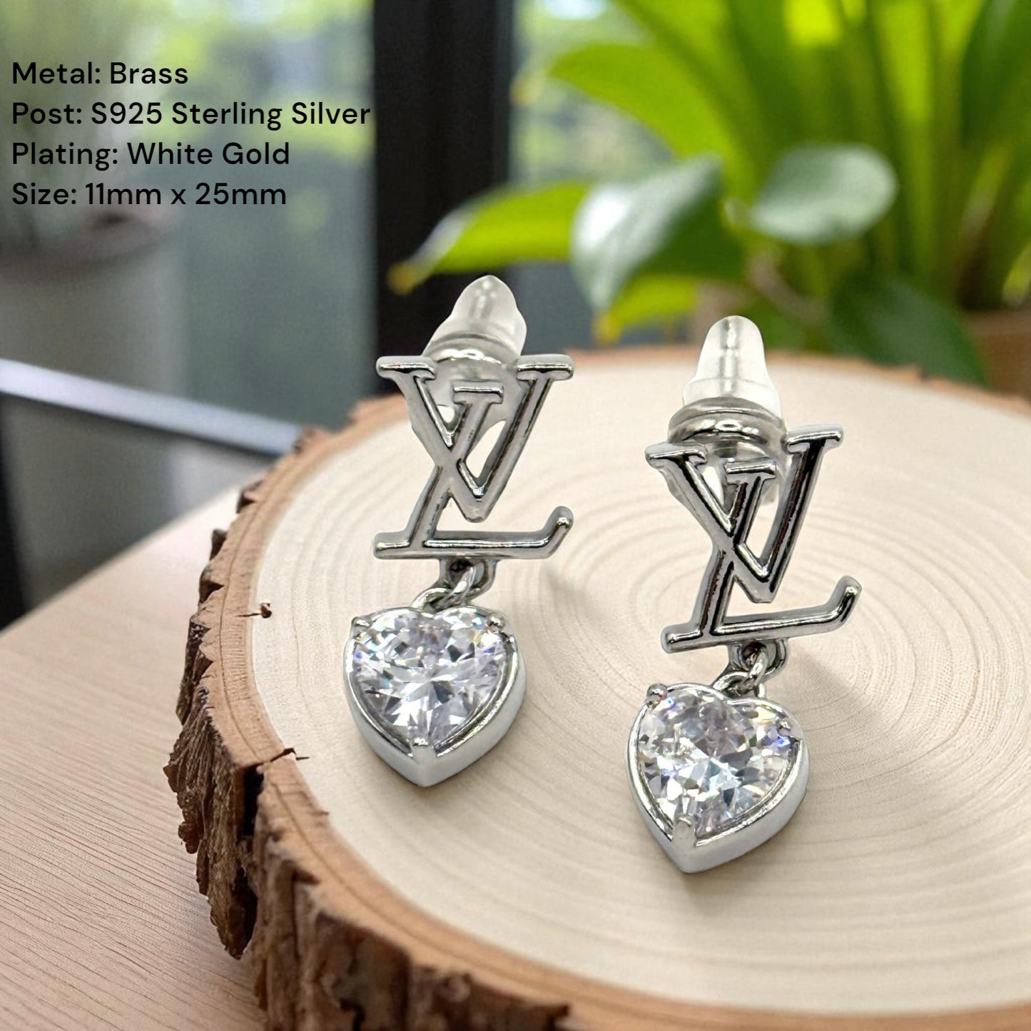 Initial Dangle Heart Crystal Sterling Silver Post Earrings