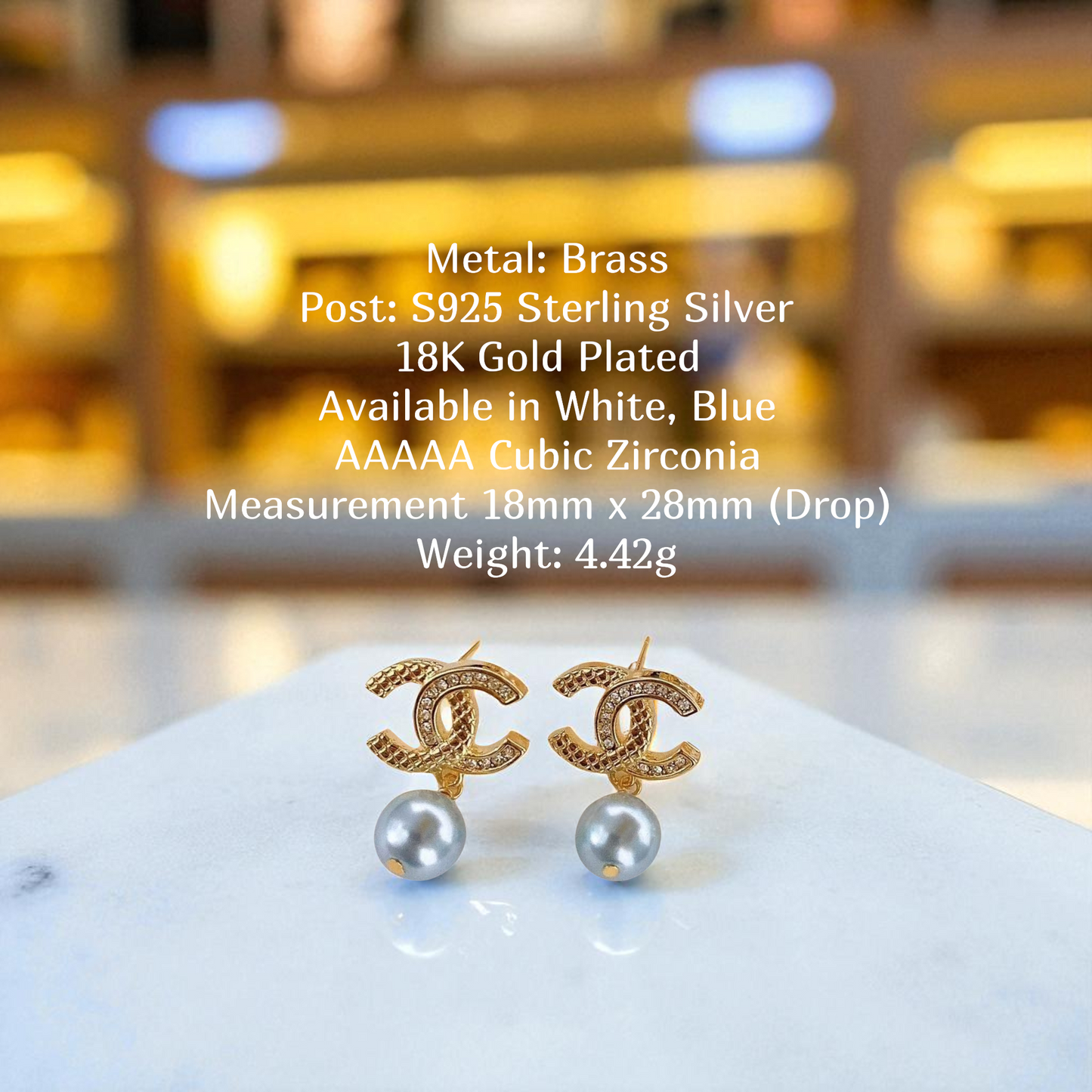 Golden Pave CC & Pearl Drop Earrings Sterling Silver Post Earrings