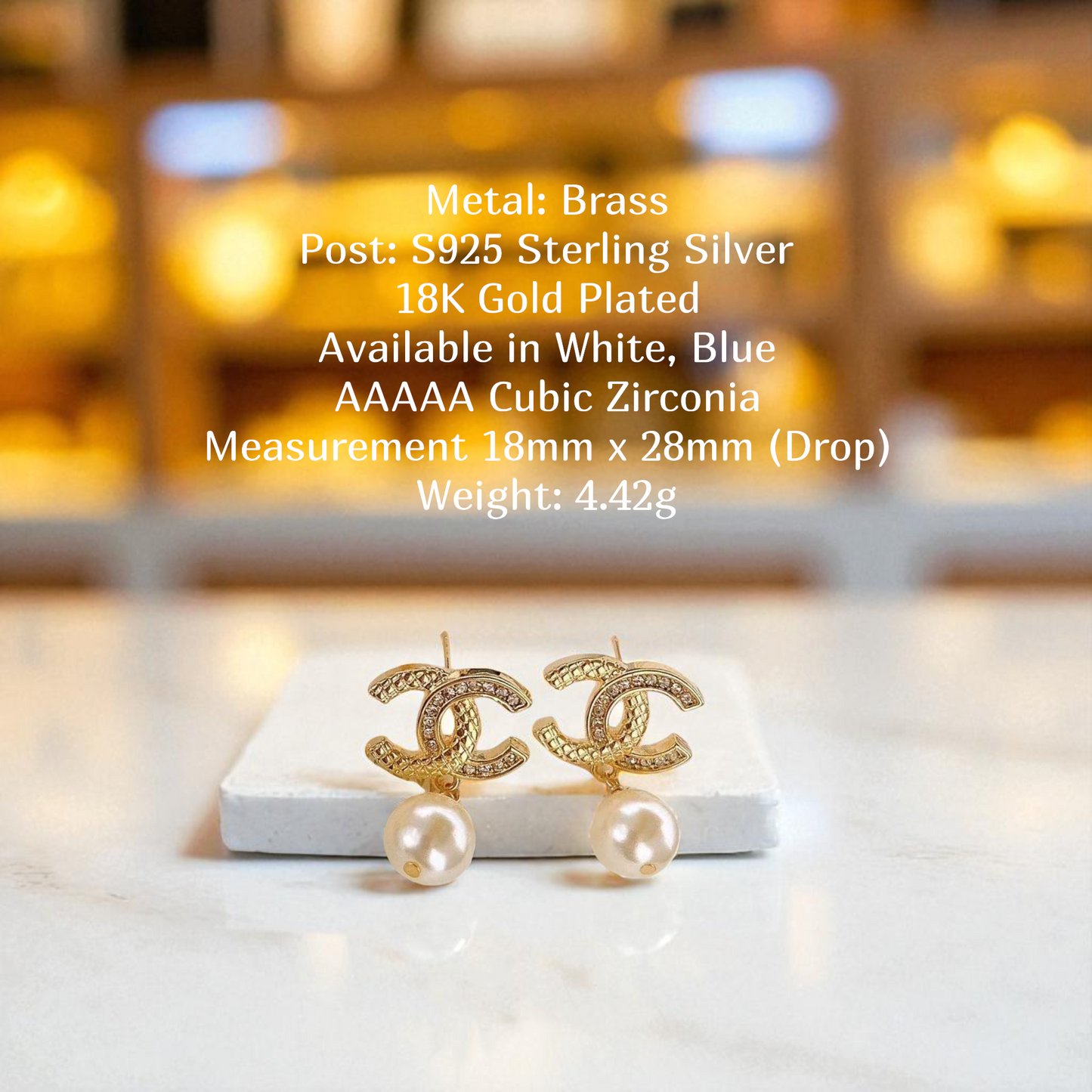 Golden Pave CC & Pearl Drop Earrings Sterling Silver Post Earrings