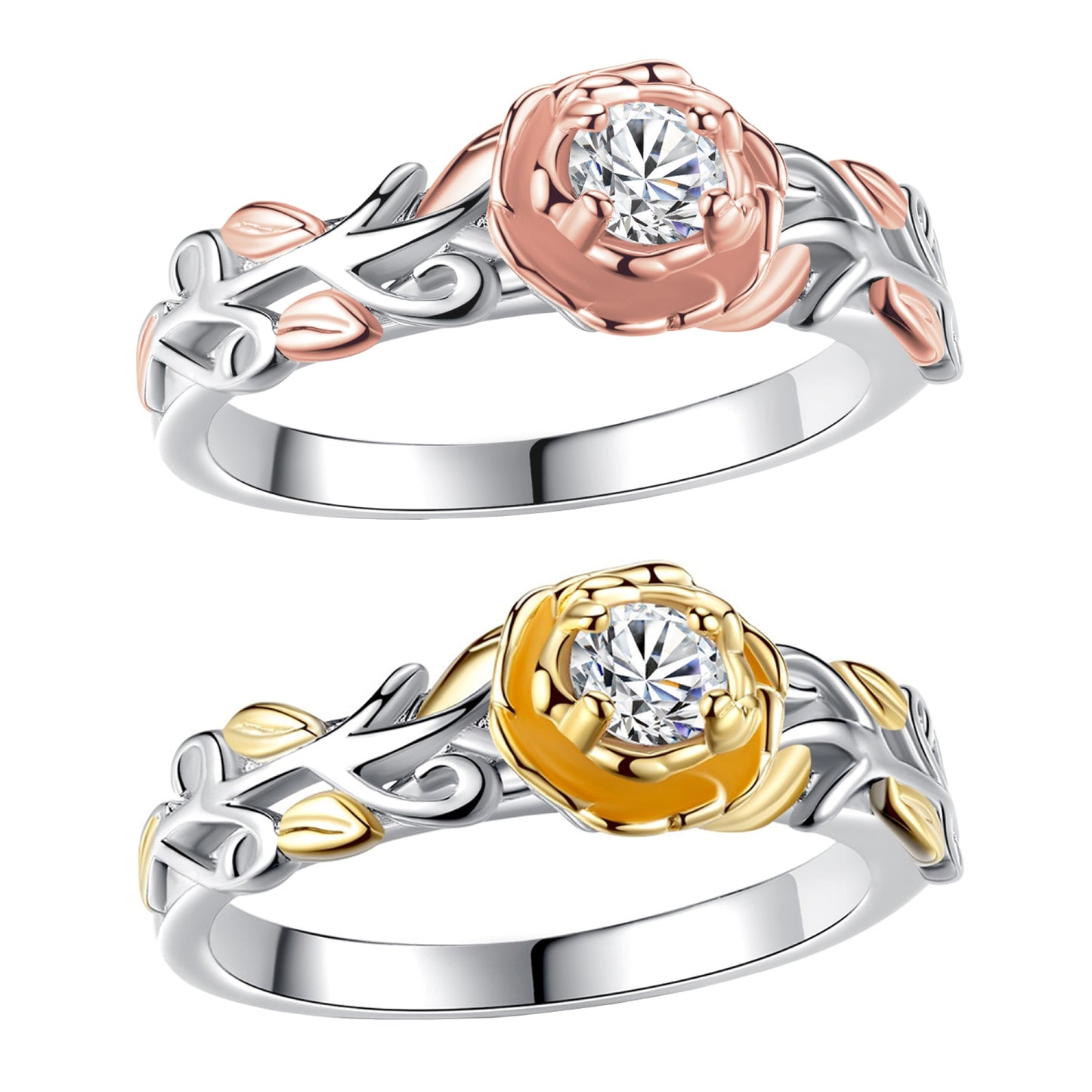 Gold & Rosegold with Silver Plated Crystal Flower Ring