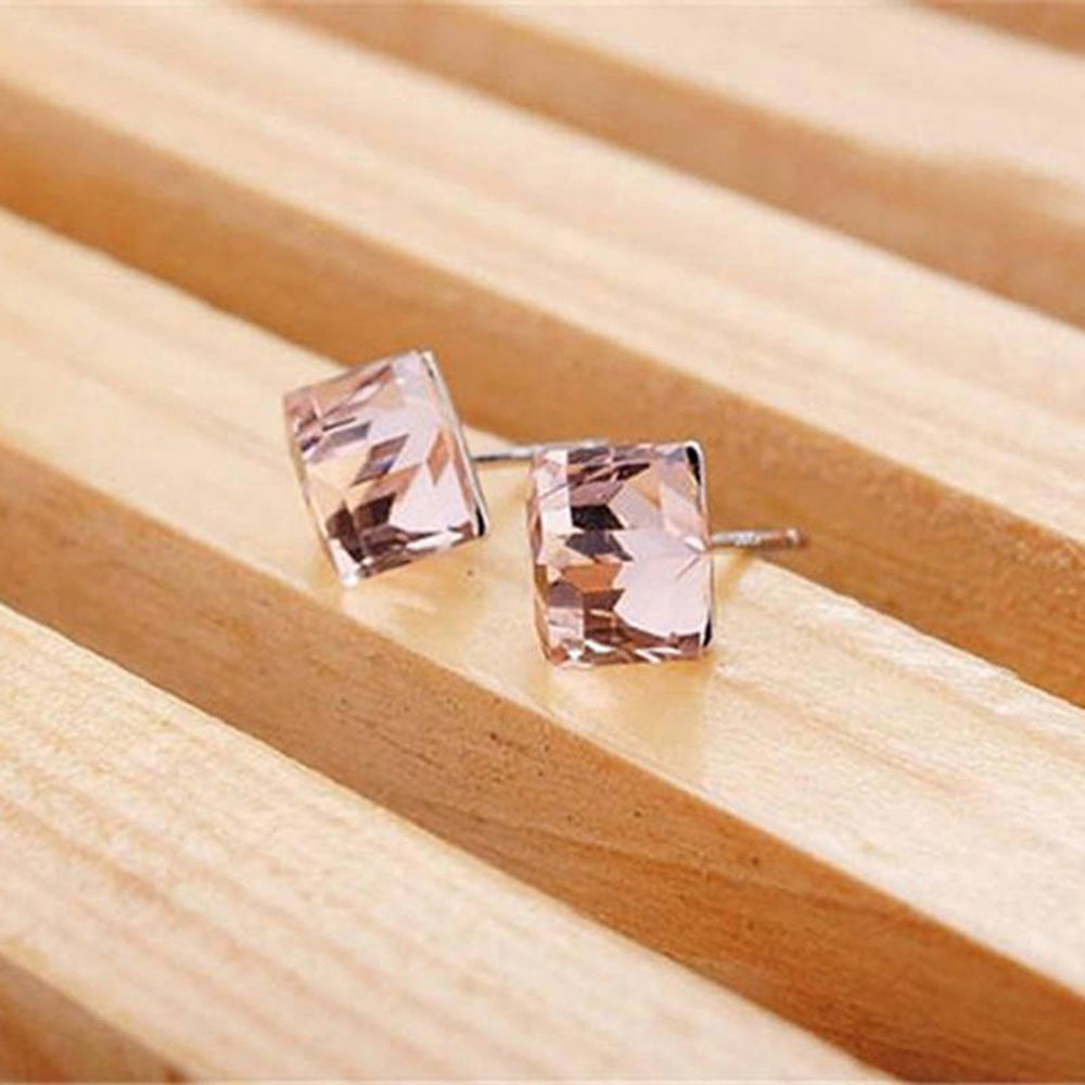 Elegant 925 Sterling Silver Square Cubic Zirconia Stone Stud Earrings