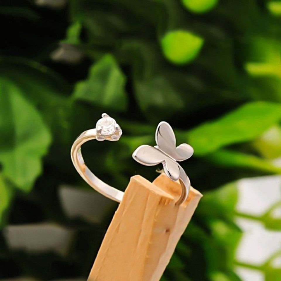 Elegant Butterfly Ring Minimalist Adjustable 925 Sterling Silver with Zirconia