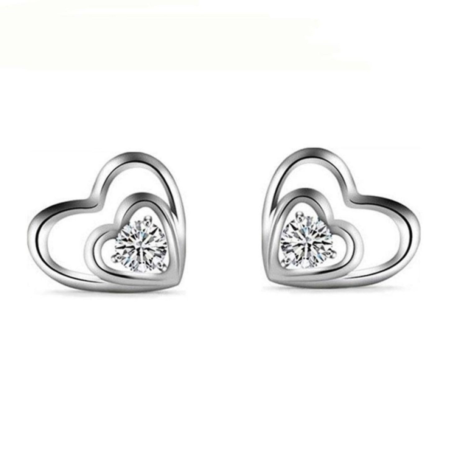 925 Sterling Silver Small Cubic Zirconia Heart Stud Earrings