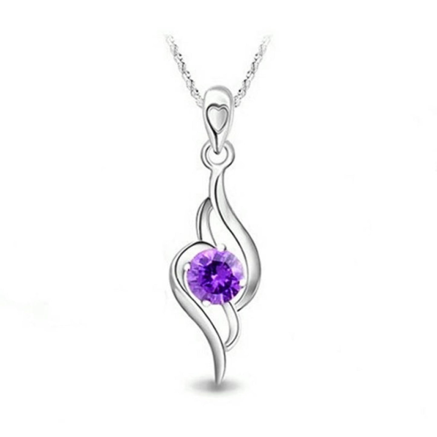 925 Sterling Silver Purple Crystal Curved Pendant Necklace