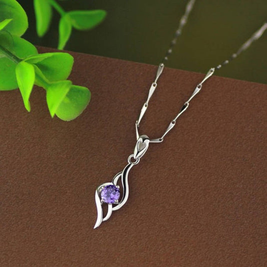 925 Sterling Silver Purple Crystal Curved Pendant Necklace