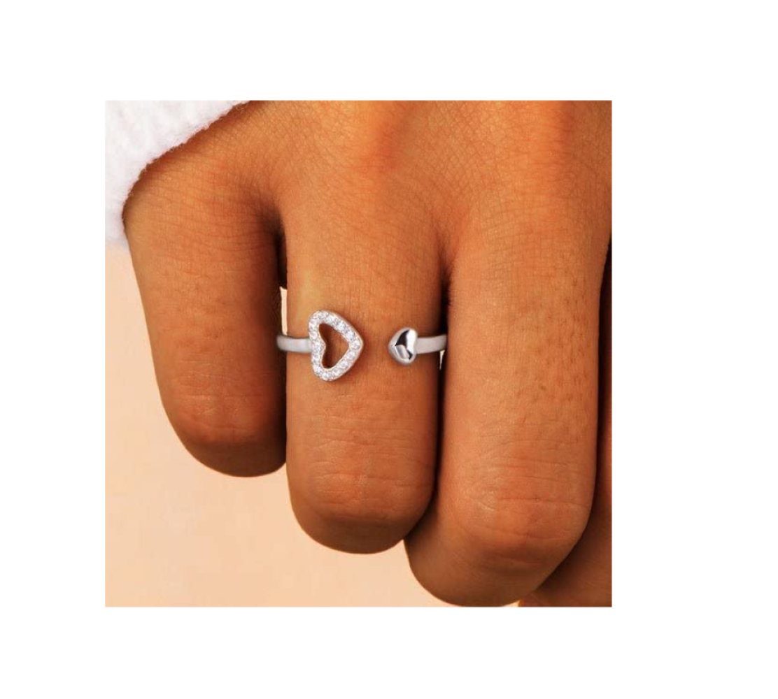 925 Sterling Silver Elegant Heart Ring Minimalist Adjustable with Zirconia
