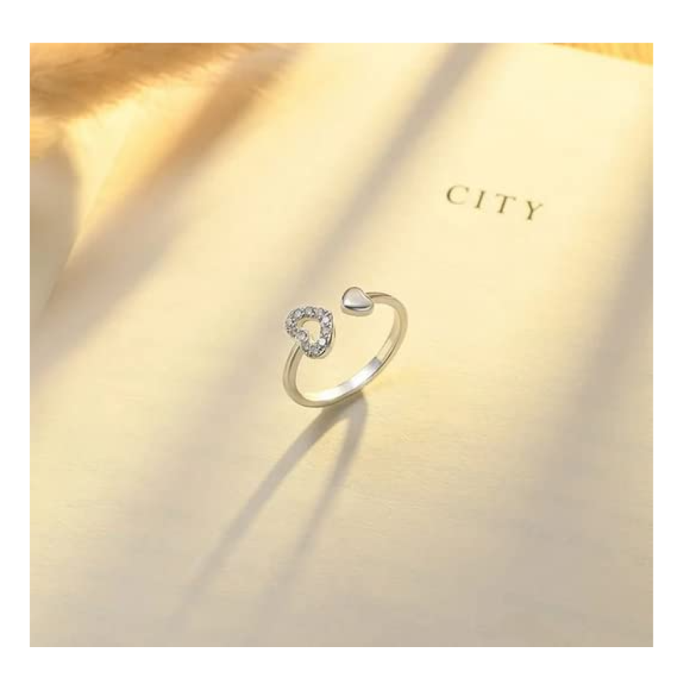 925 Sterling Silver Elegant Heart Ring Minimalist Adjustable with Zirconia