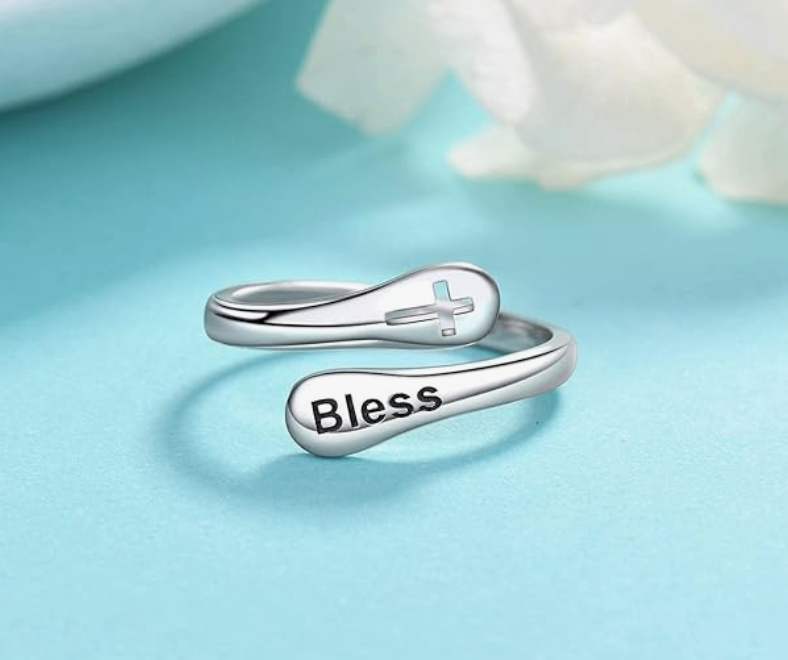 925 Sterling Silver Women Cross Bless Engraved Adjustable Ring