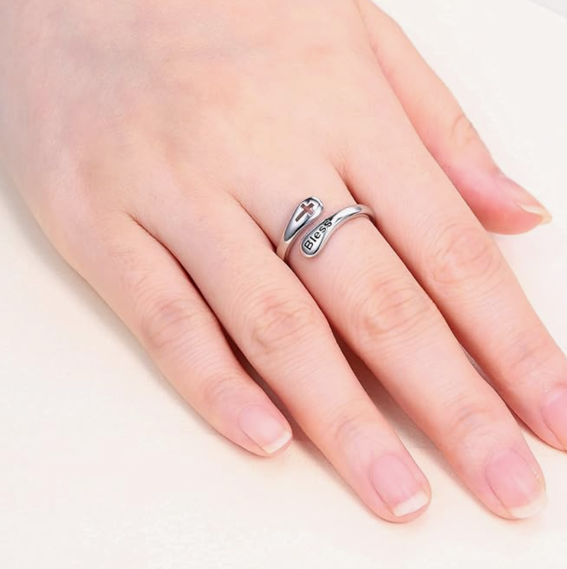 925 Sterling Silver Women Cross Bless Engraved Adjustable Ring