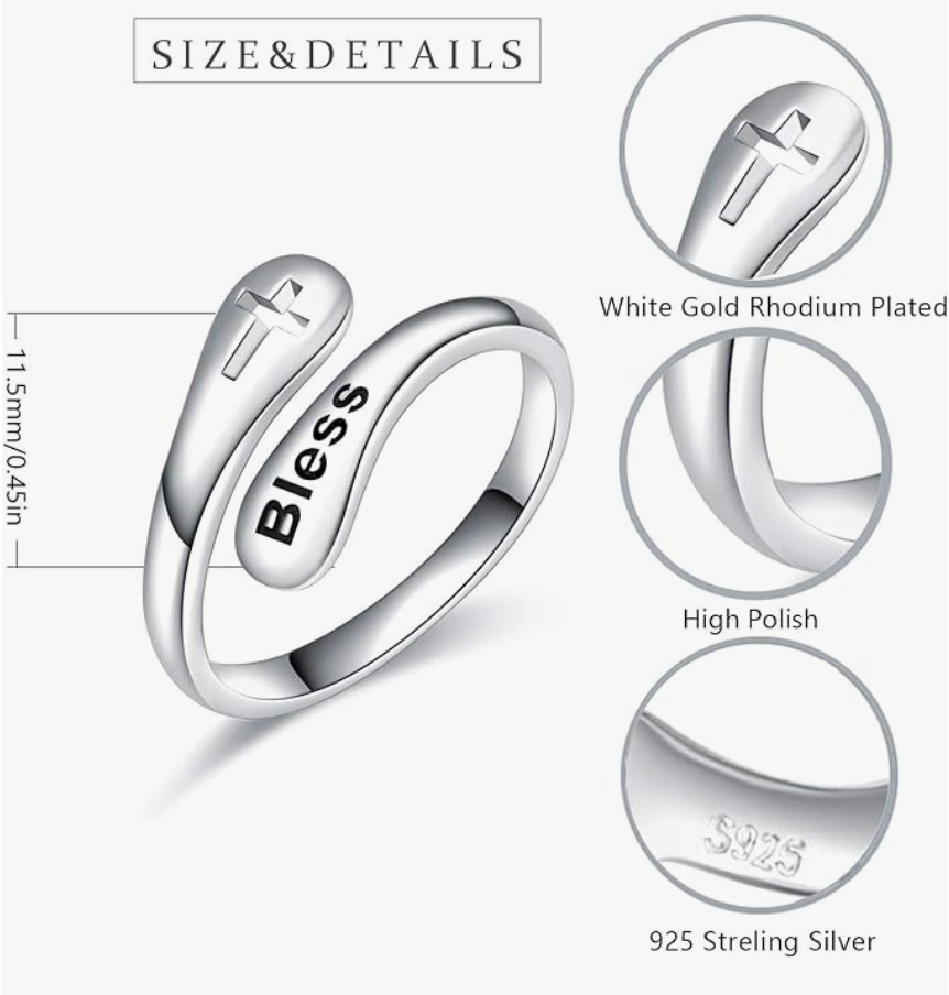 925 Sterling Silver Women Cross Bless Engraved Adjustable Ring