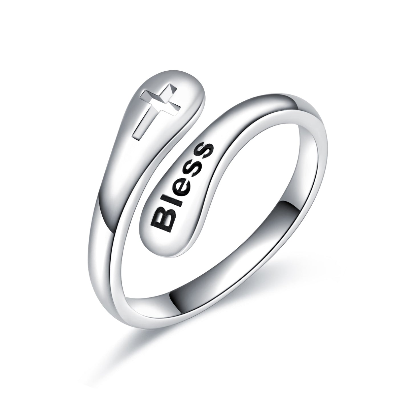 925 Sterling Silver Women Cross Bless Engraved Adjustable Ring