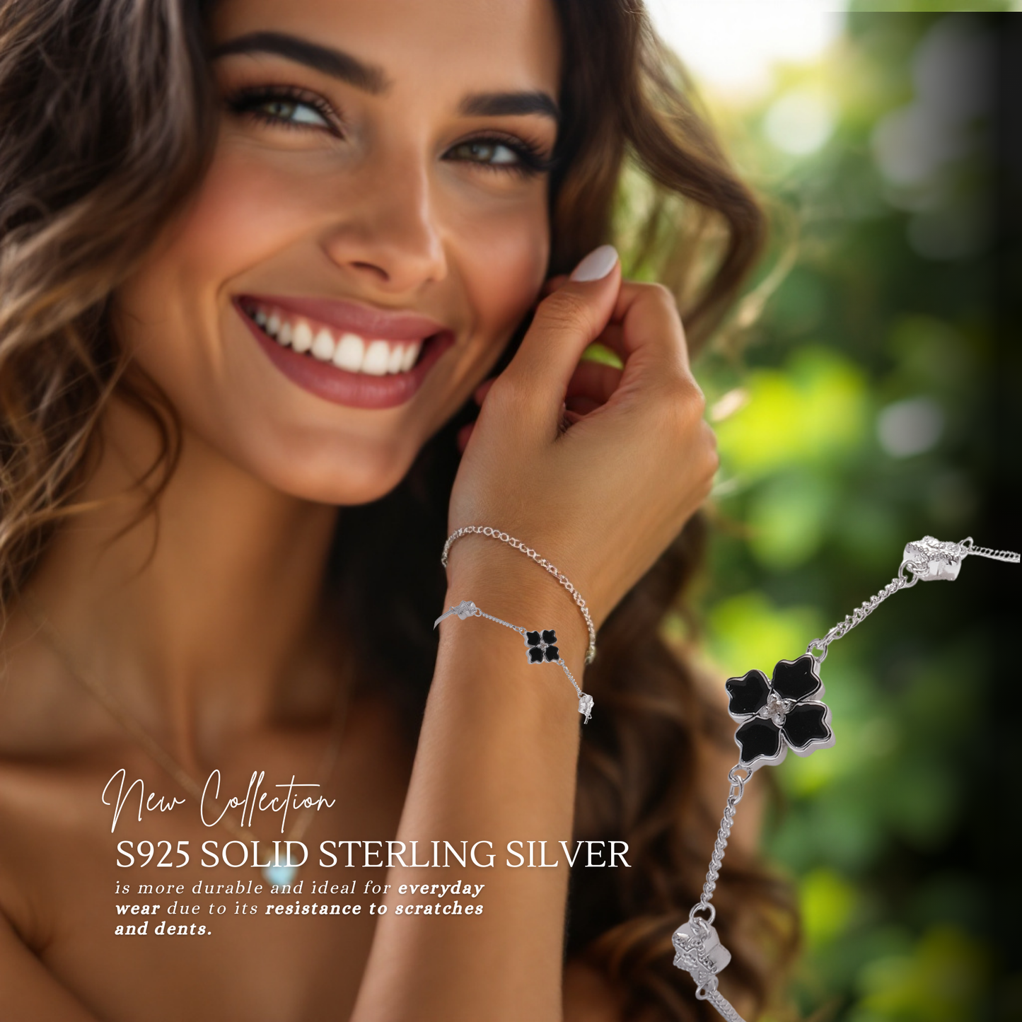 Sterling Silver Apotie Black Cléo Blossom Clover Bracelet Adjustable Stamped S925