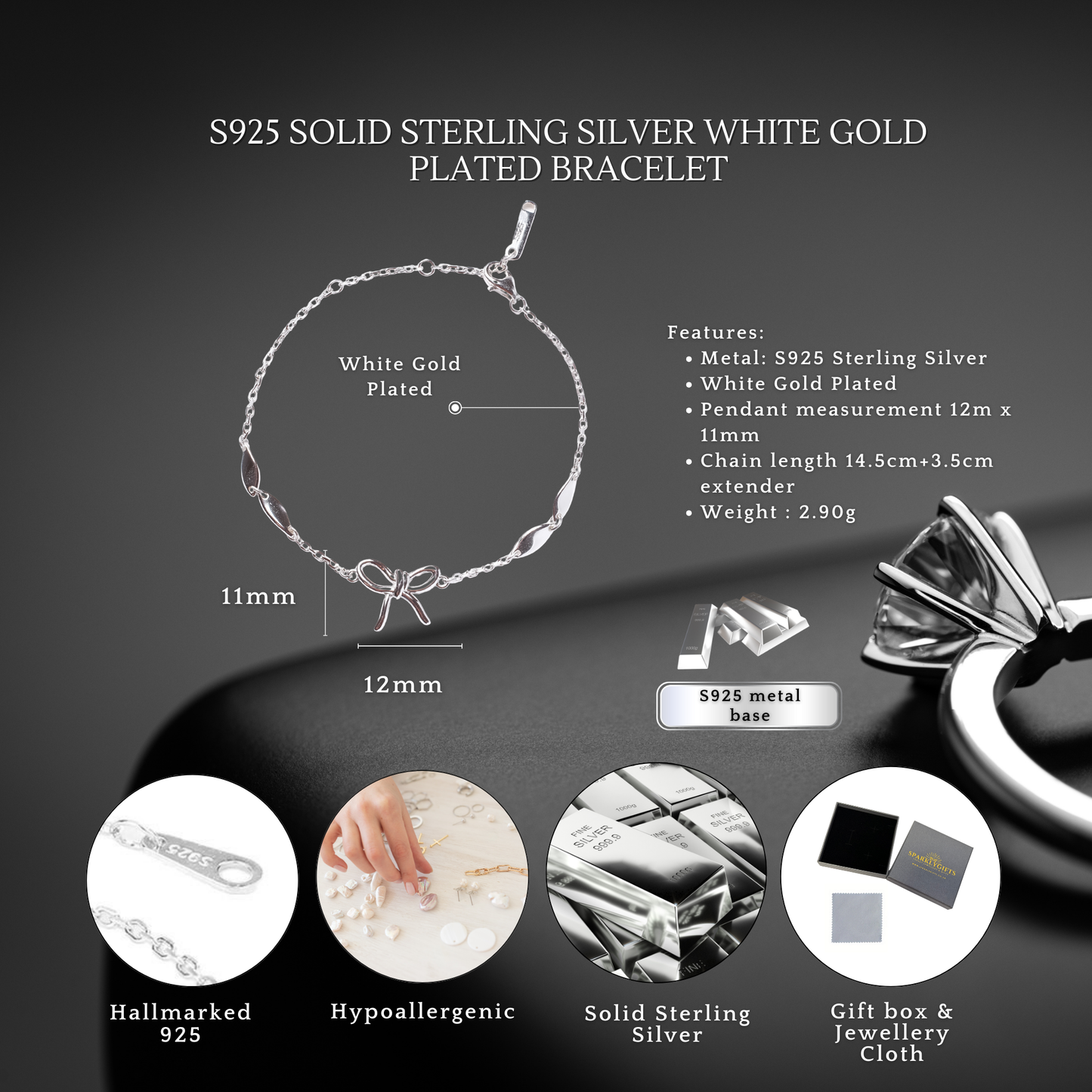 Sterling Silver Ribbon Bow Bracelet Adjustable Stamped Solid S925