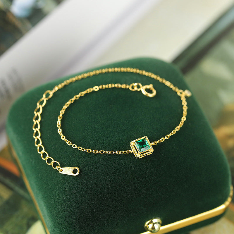 S925 Sterling Silver Emerald Square Charm 14K Yellow Gold Plated C/Z Bracelet