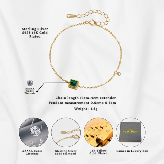 S925 Sterling Silver Emerald Square Charm 14K Yellow Gold Plated C/Z Bracelet