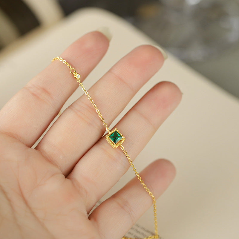 S925 Sterling Silver Emerald Square Charm 14K Yellow Gold Plated C/Z Bracelet