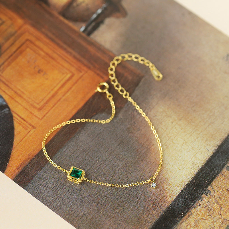 S925 Sterling Silver Emerald Square Charm 14K Yellow Gold Plated C/Z Bracelet