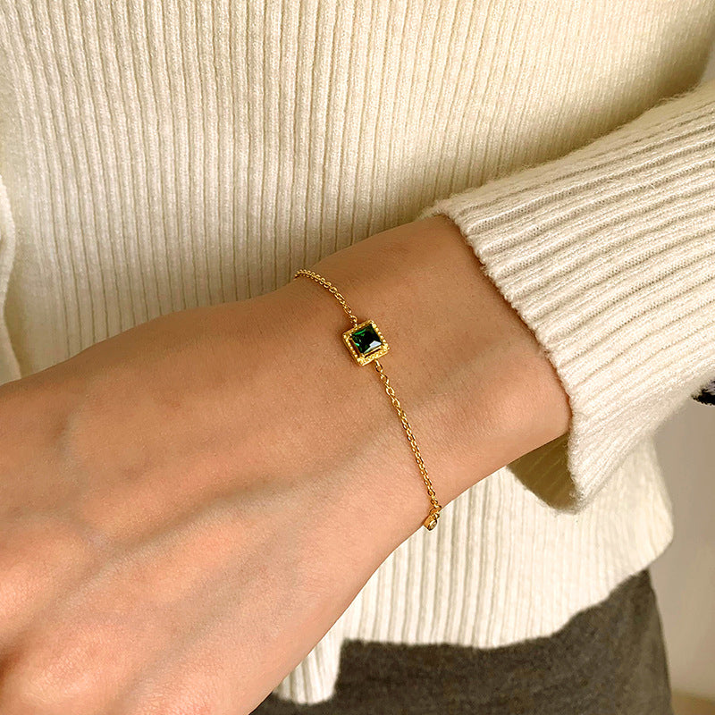 S925 Sterling Silver Emerald Square Charm 14K Yellow Gold Plated C/Z Bracelet