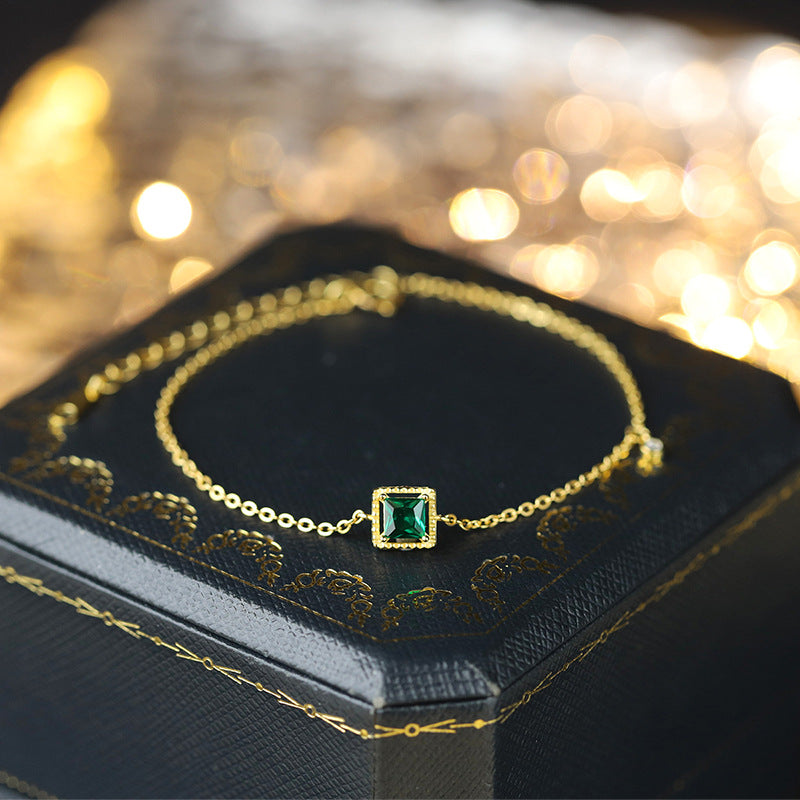 S925 Sterling Silver Emerald Square Charm 14K Yellow Gold Plated C/Z Bracelet