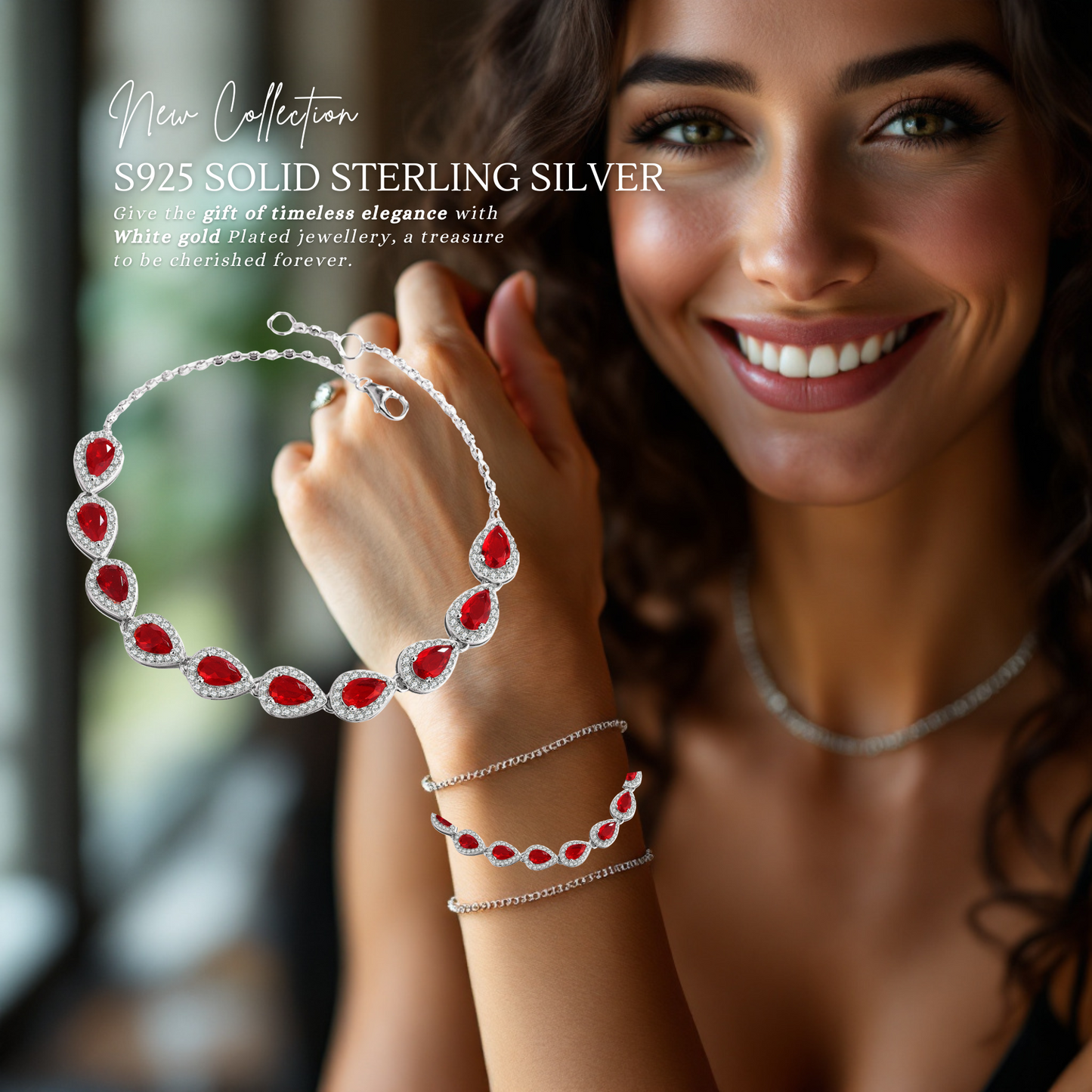 Sterling Silver Ruby Teardrop Tennis Bracelet with Cubic Zirconia