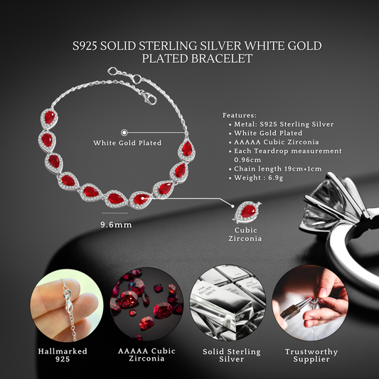 Sterling Silver Ruby Teardrop Tennis Bracelet with Cubic Zirconia