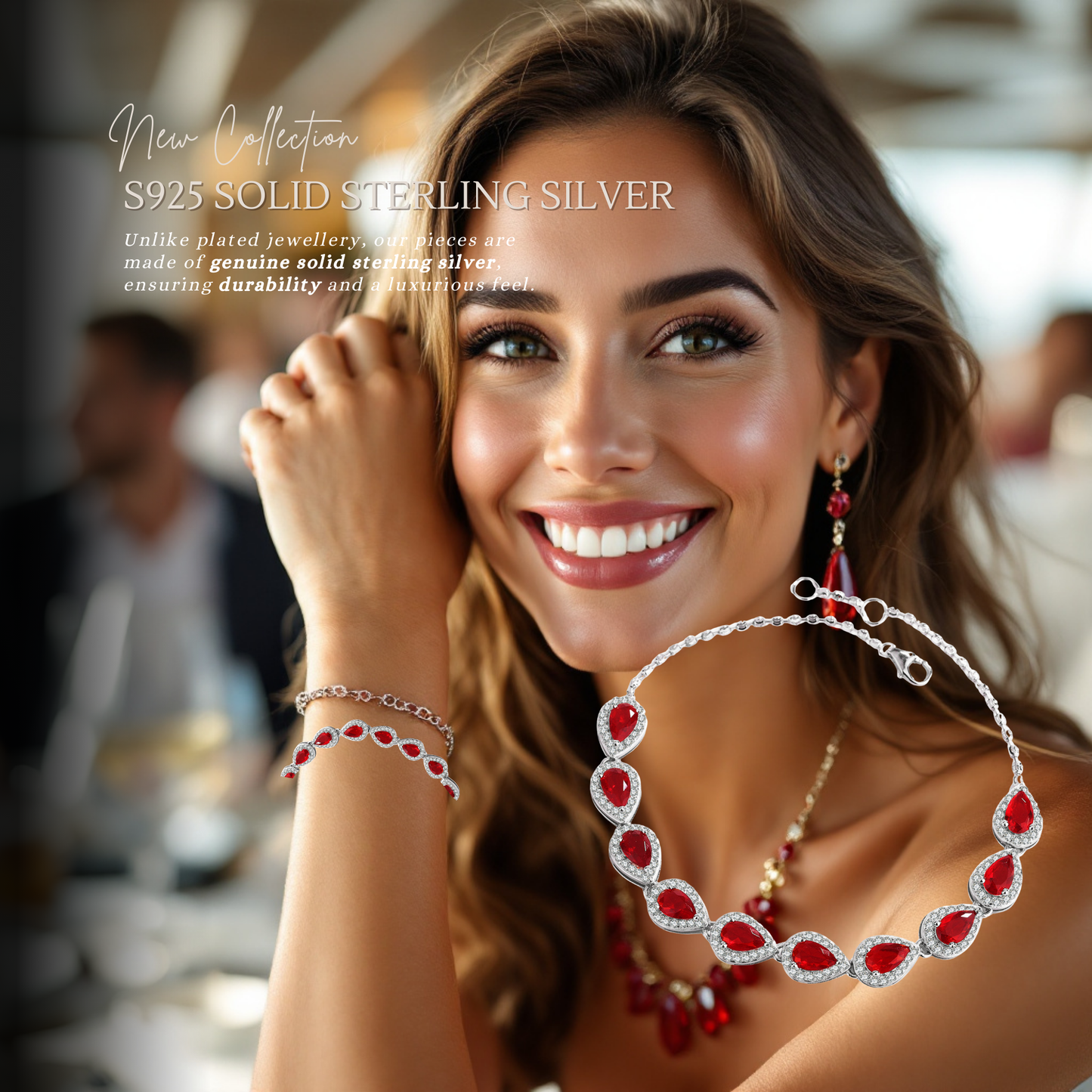 Sterling Silver Ruby Teardrop Tennis Bracelet with Cubic Zirconia