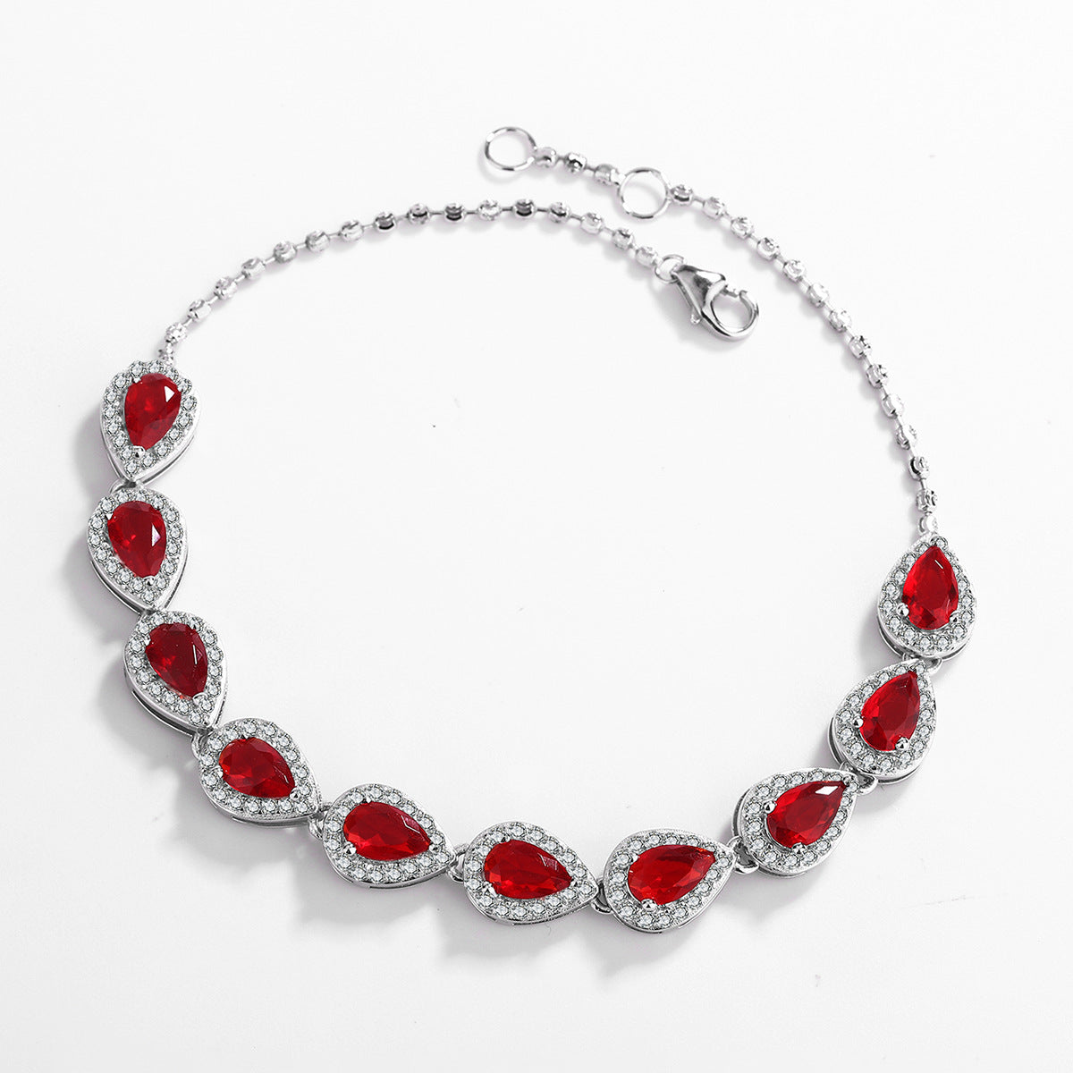 Sterling Silver Ruby Teardrop Tennis Bracelet with Cubic Zirconia