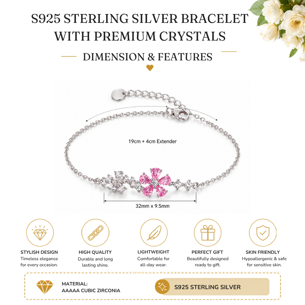 S925 Sterling Silver Pink & White Flower Cubic Zirconia Bracelet