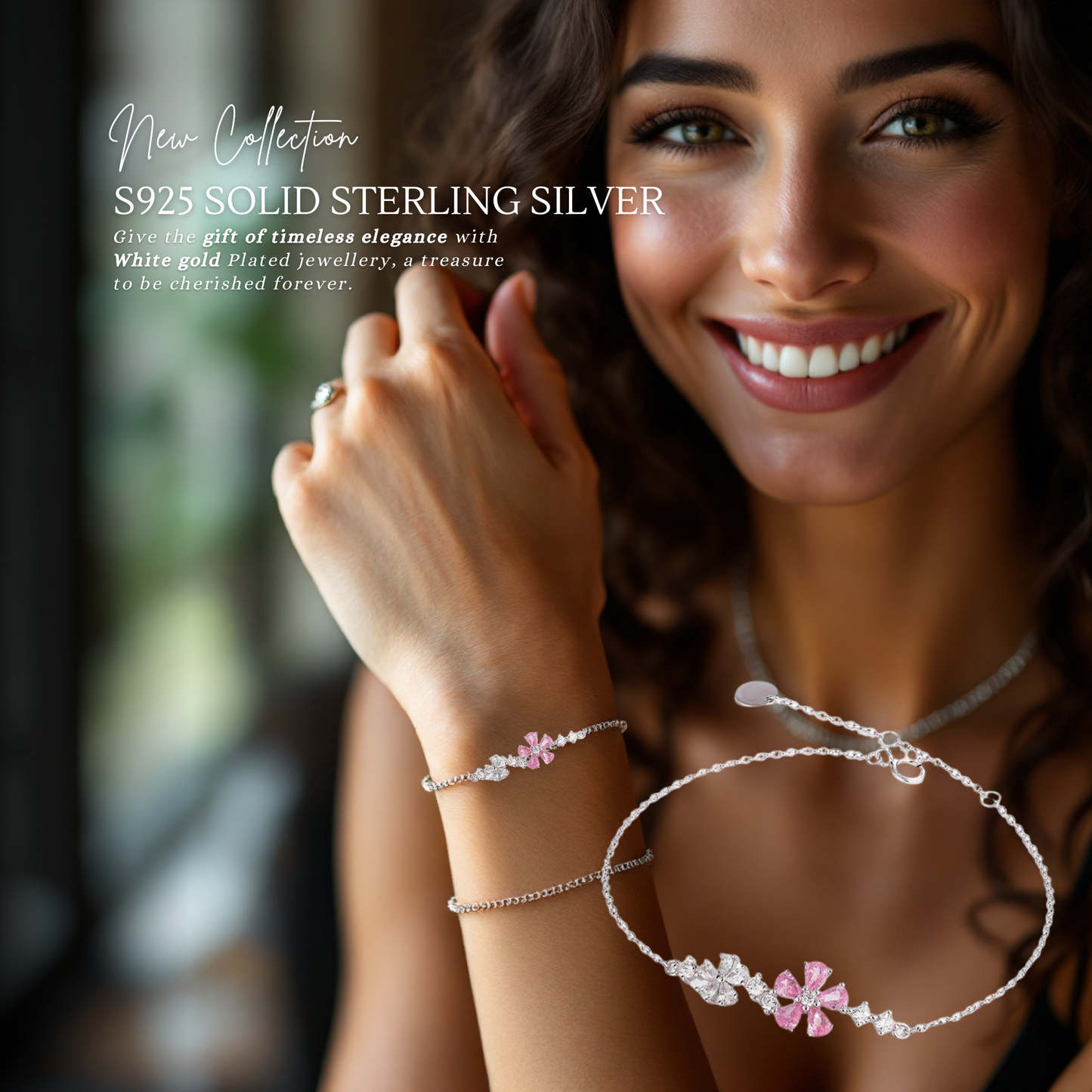 S925 Sterling Silver Pink & White Flower Cubic Zirconia Bracelet