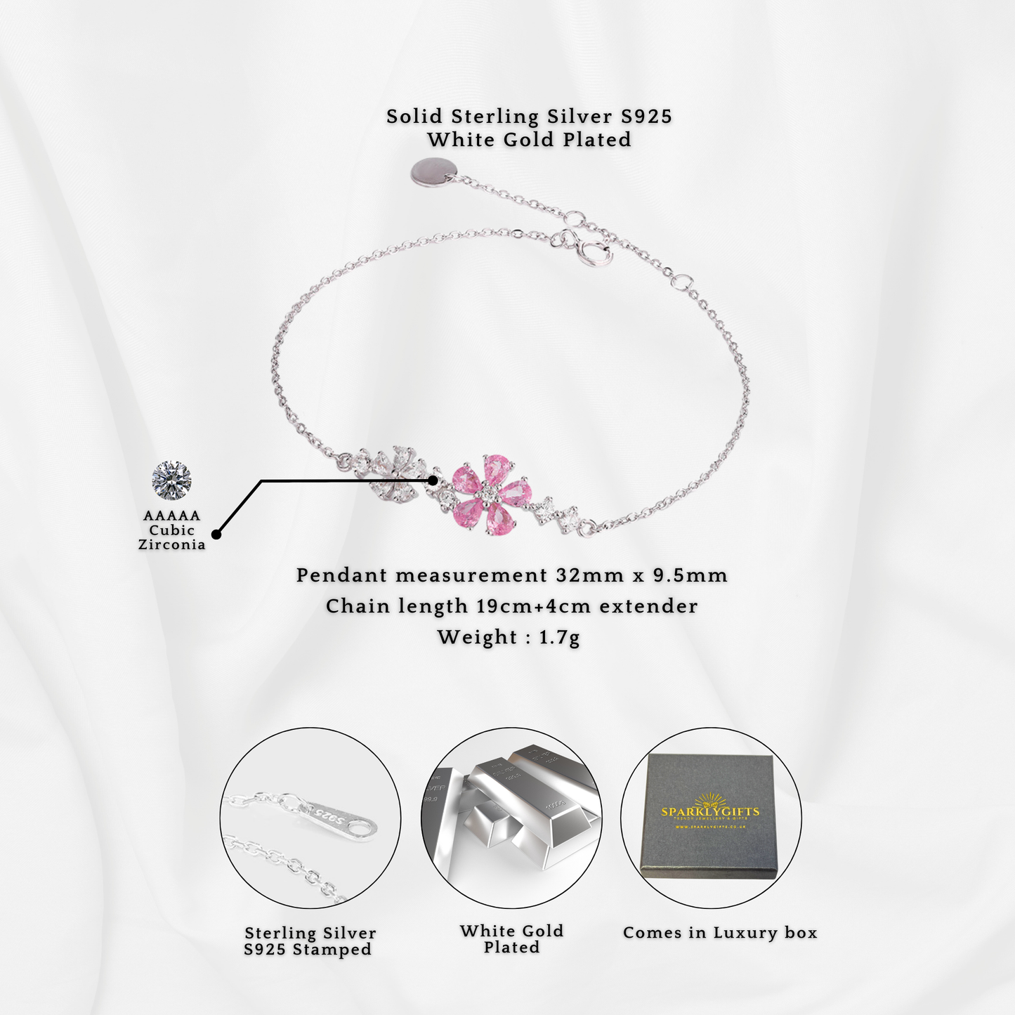 S925 Sterling Silver Pink & White Flower Cubic Zirconia Bracelet