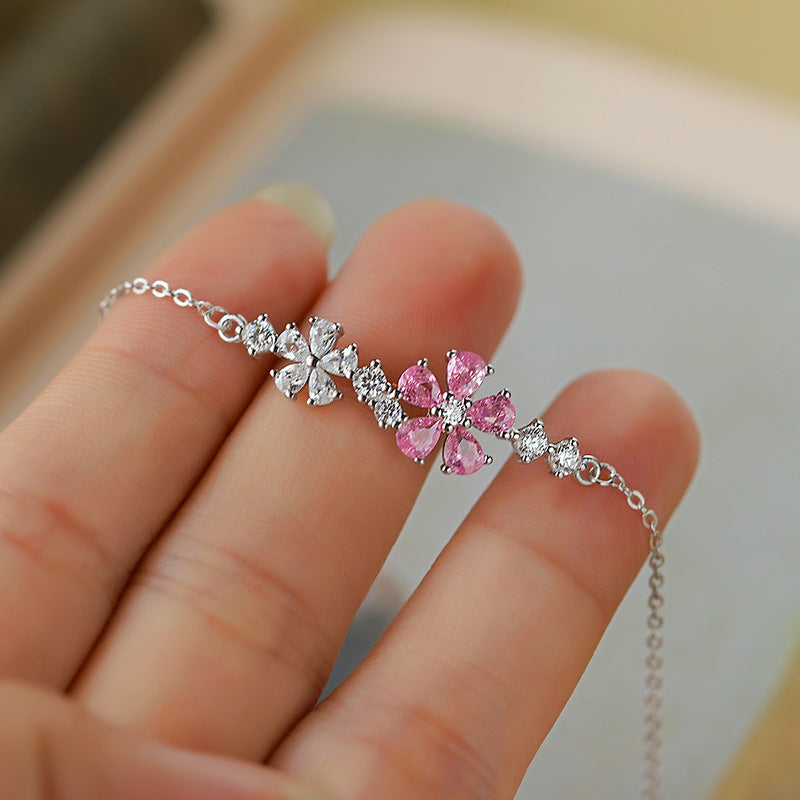 S925 Sterling Silver Pink & White Flower Cubic Zirconia Bracelet