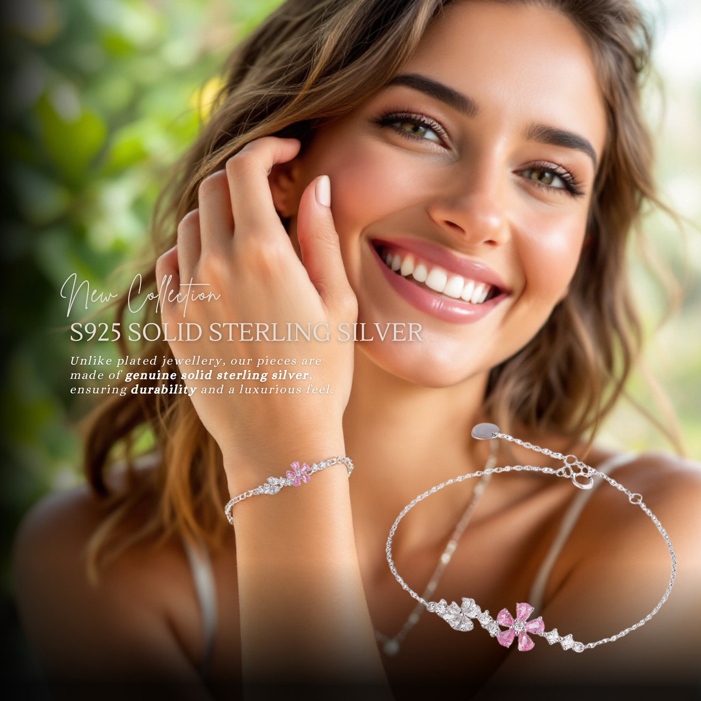 S925 Sterling Silver Pink & White Flower Cubic Zirconia Bracelet