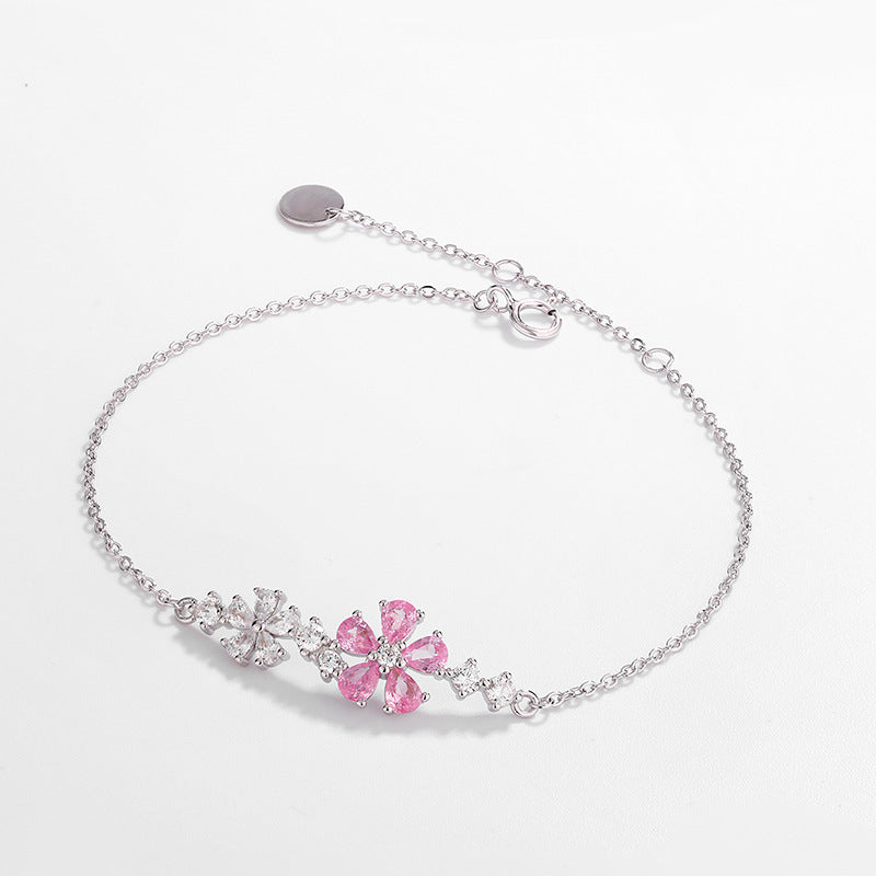 S925 Sterling Silver Pink & White Flower Cubic Zirconia Bracelet