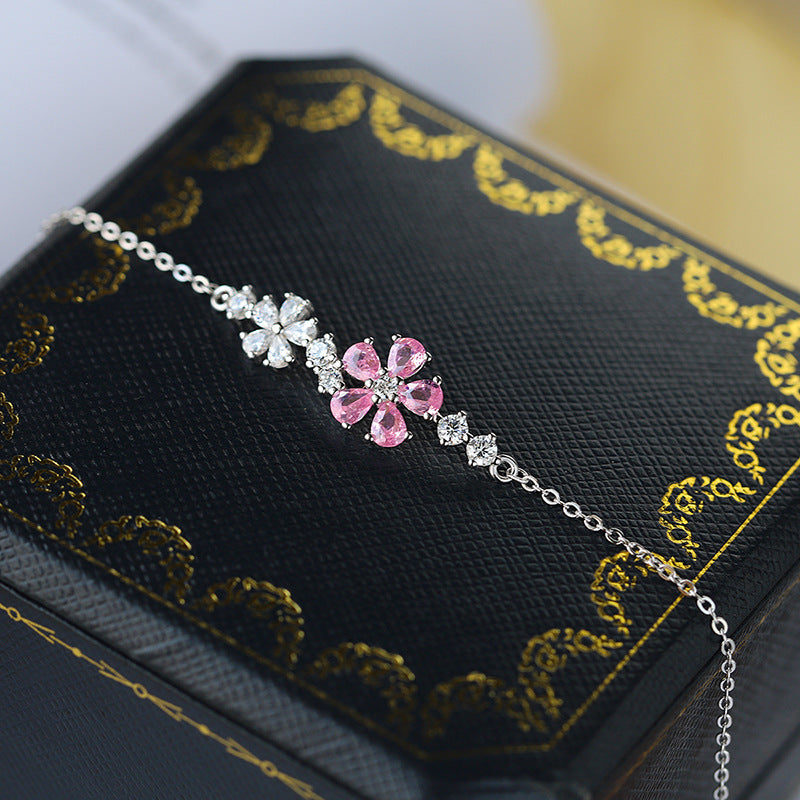 S925 Sterling Silver Pink & White Flower Cubic Zirconia Bracelet